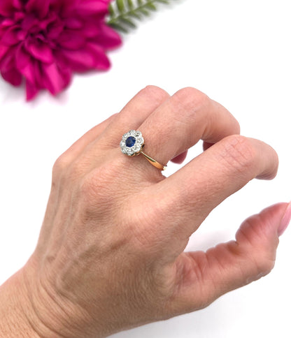 Antique 18 ct Yellow Gold And Platinum, Edwardian Sapphire And Diamond Daisy Cluster Ring