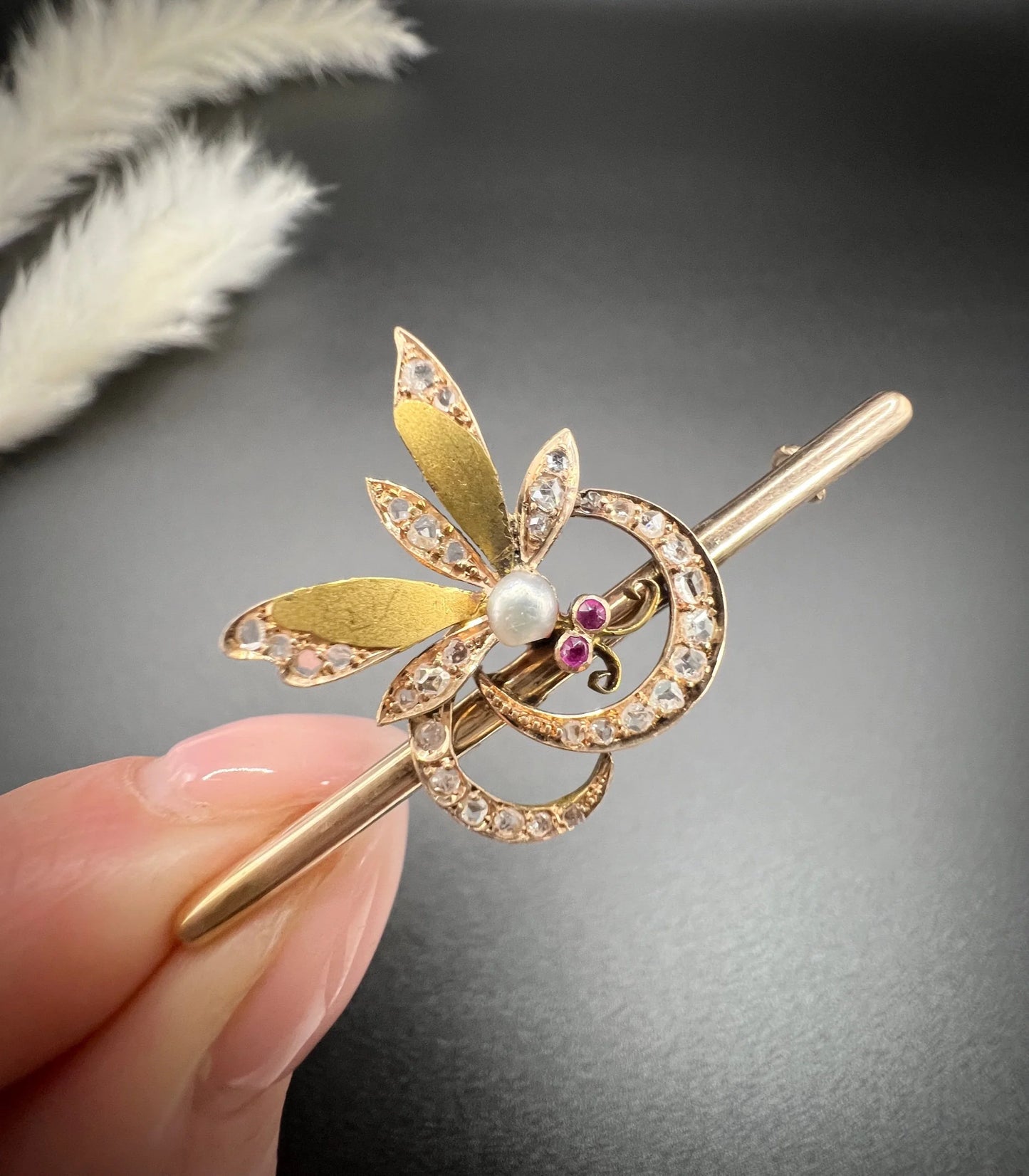 Victorian 18 Carat Gold Ruby, Diamond and Pearl Insect Brooch, Circa 1880