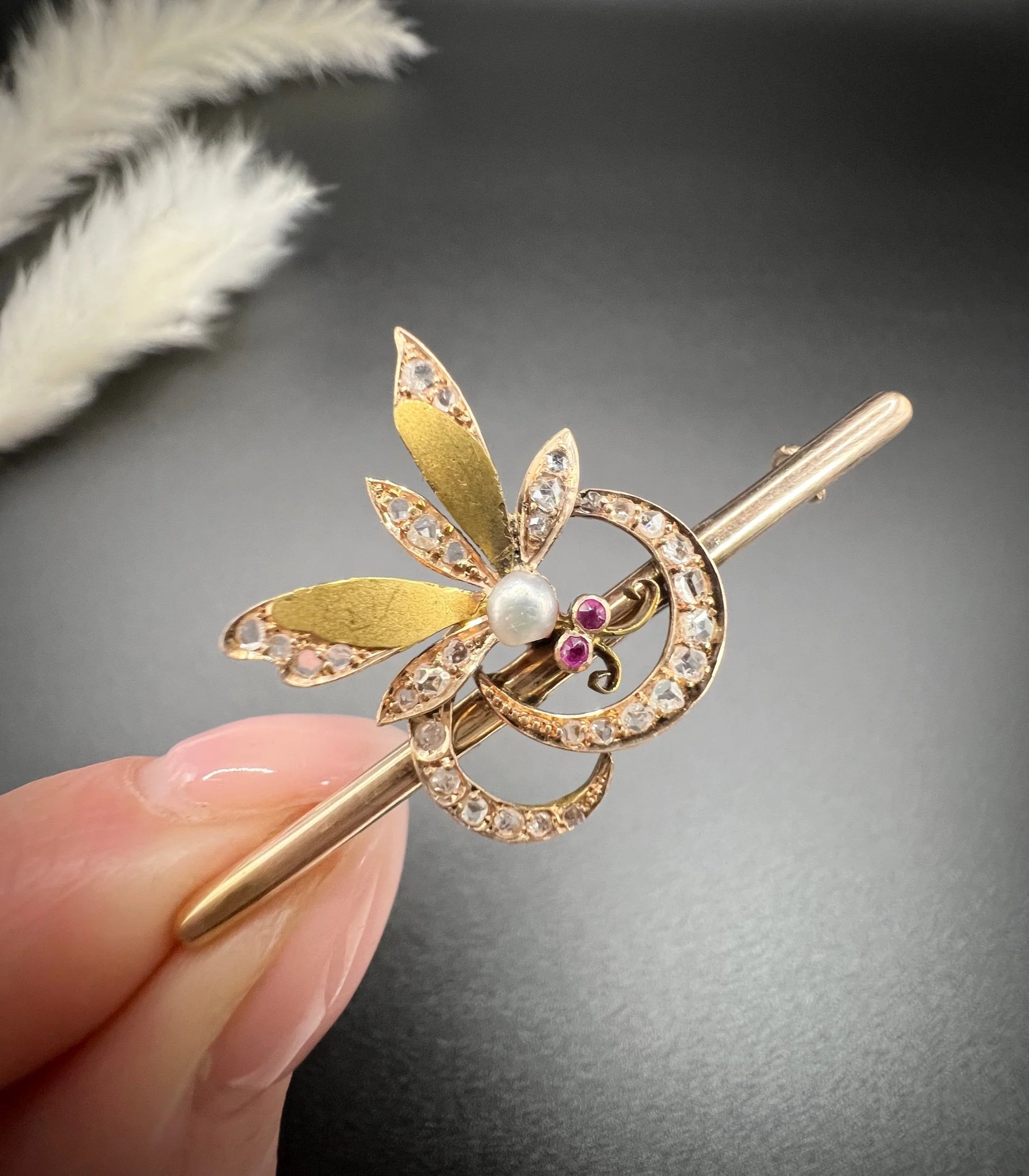 Victorian 18 Carat Gold Ruby, Diamond and Pearl Insect Brooch, Circa 1880