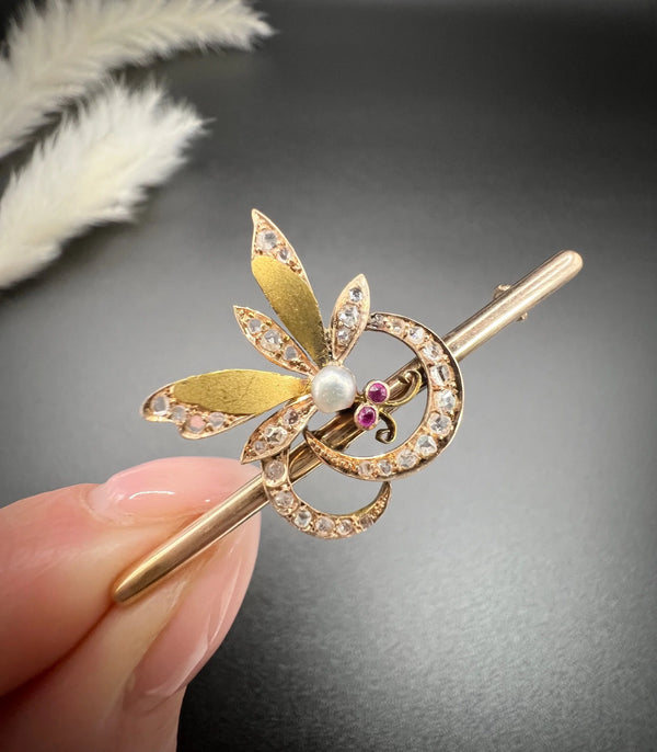 Victorian 18 Carat Gold Ruby, Diamond and Pearl Insect Brooch, Circa 1880