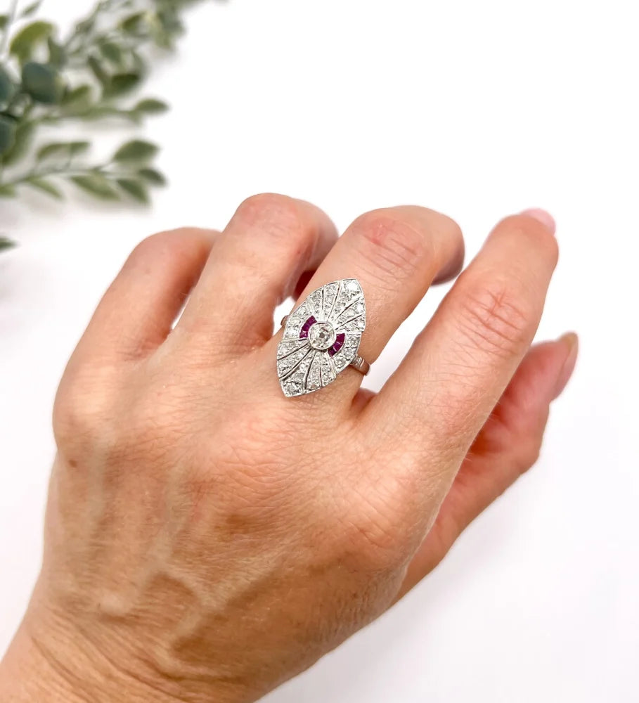 Vintage Diamond and Ruby Cluster Marquise Navette Shaped Ring