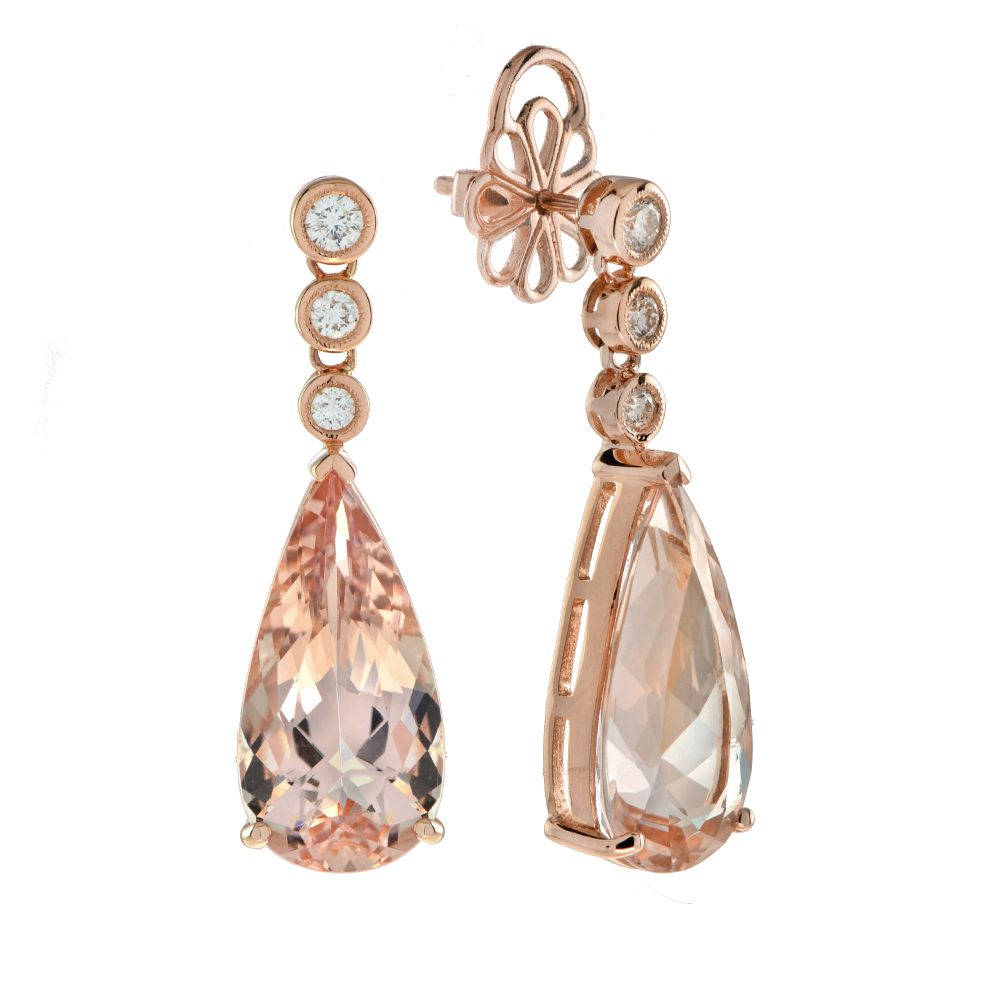 morganite jewellery 13.70ct Pear Shaped Morganite and Diamond Drop Earrings in 18ct Rose Gold; pear-cut morganites suspended from graduated diamonds