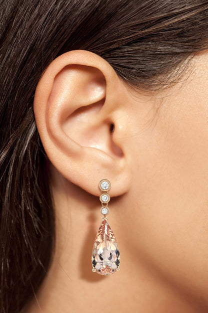 13.70ct Pear Shaped Morganite and Diamond Drop Earrings in 18ct Rose Gold