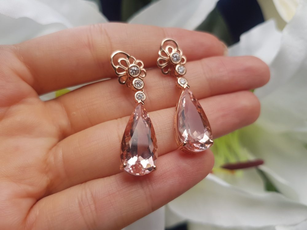 13.70ct Pear Shaped Morganite and Diamond Drop Earrings in 18ct Rose Gold