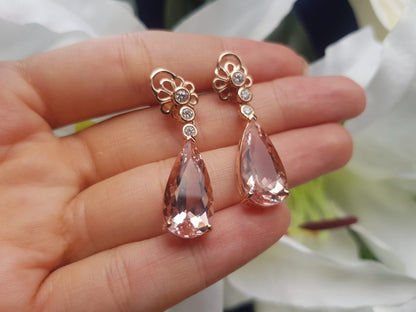 13.70ct Pear Shaped Morganite and Diamond Drop Earrings in 18ct Rose Gold