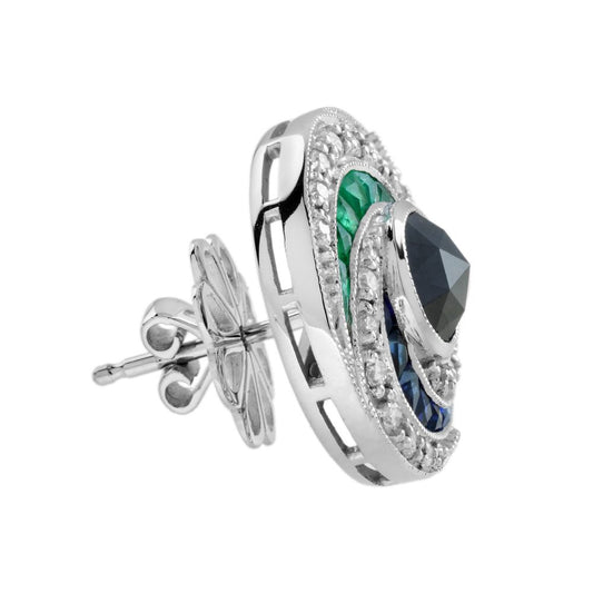 Black Diamond and Multi Gemstone Swirl Cluster Stud Earrings, round rose-cut black diamonds surrounded by French-cut rubies, sapphires and sparkling white round brilliant-cut diamonds in pin-wheel design in 14ct white gold