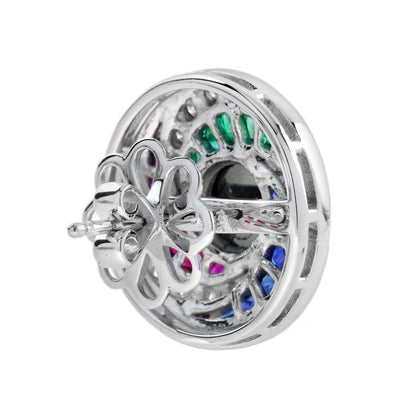 Black Diamond and Multi Gemstone Swirl Cluster Stud Earrings, round rose-cut black diamonds surrounded by French-cut rubies, sapphires and sparkling white round brilliant-cut diamonds in pin-wheel design in 14ct white gold