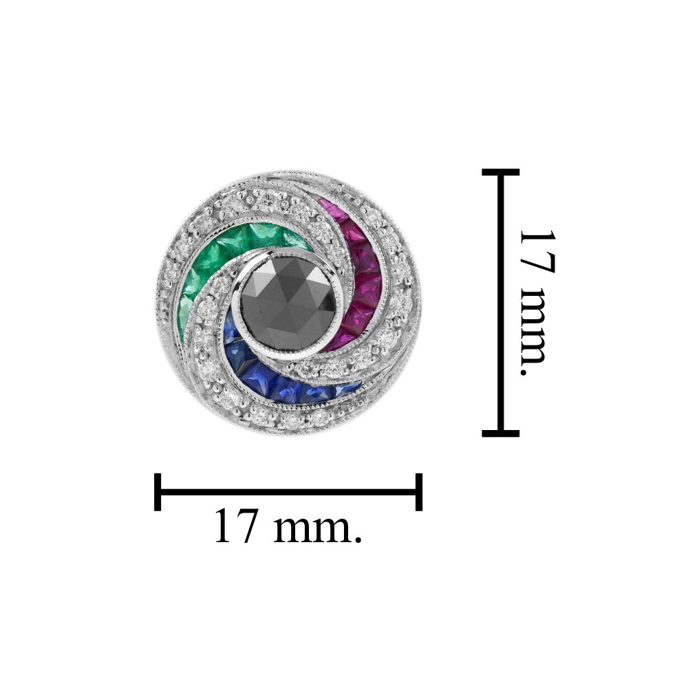 Black Diamond and Multi Gemstone Swirl Cluster Stud Earrings, round rose-cut black diamonds surrounded by French-cut rubies, sapphires and sparkling white round brilliant-cut diamonds in pin-wheel design in 14ct white gold
