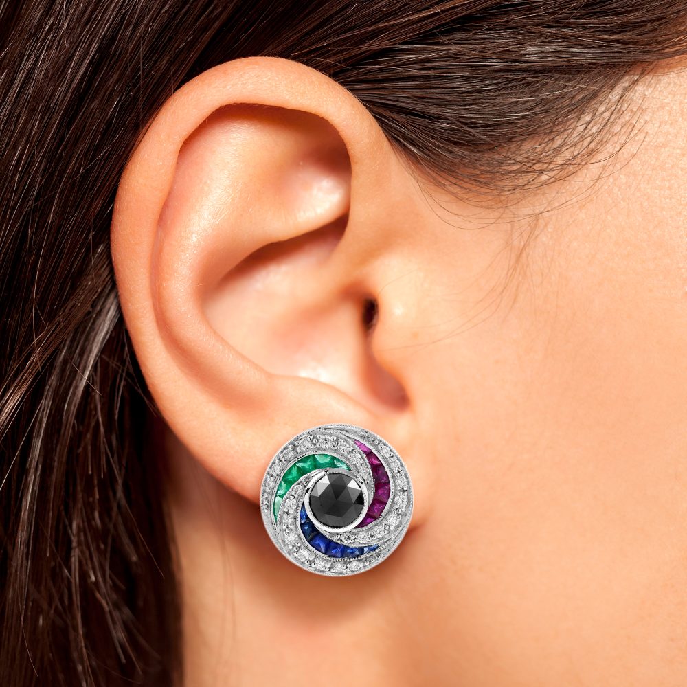 Black Diamond and Multi Gemstone Swirl Cluster Stud Earrings, round rose-cut black diamonds surrounded by French-cut rubies, sapphires and sparkling white round brilliant-cut diamonds in pin-wheel design in 14ct white gold