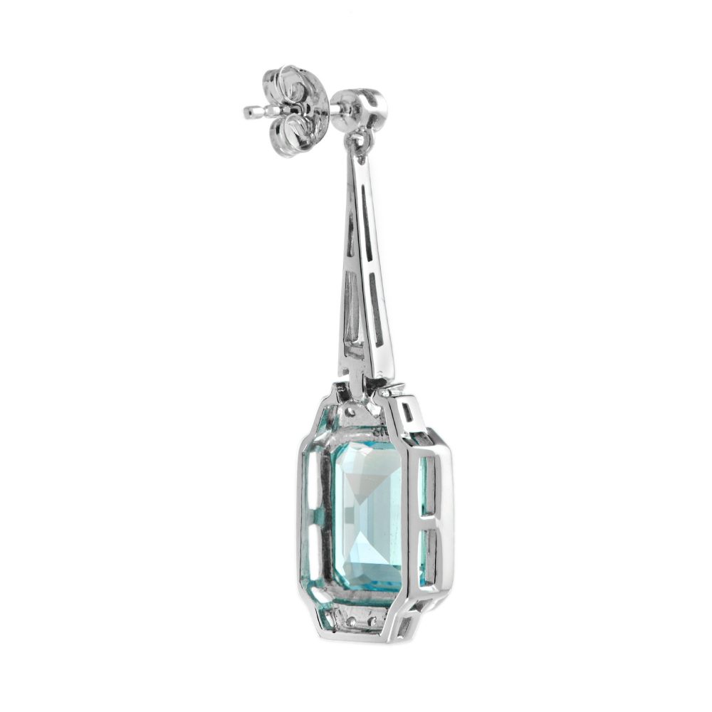Art Deco Style 8.15ct Emerald Cut Blue Topaz and Diamond Drop Earrings
