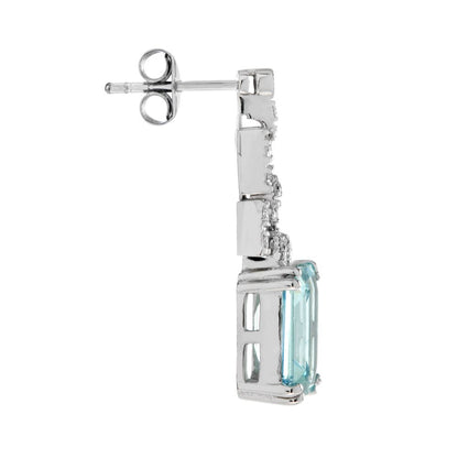 Art Deco Style Emerald Cut Blue Topaz and Diamond Drop Earrings