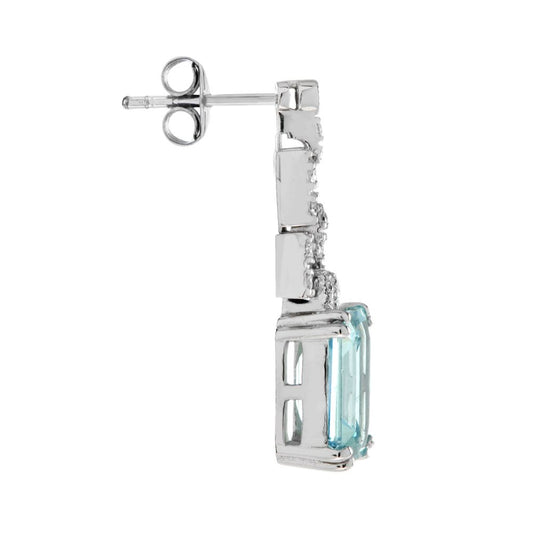 Art Deco Style Emerald Cut Blue Topaz and Diamond Drop Earrings