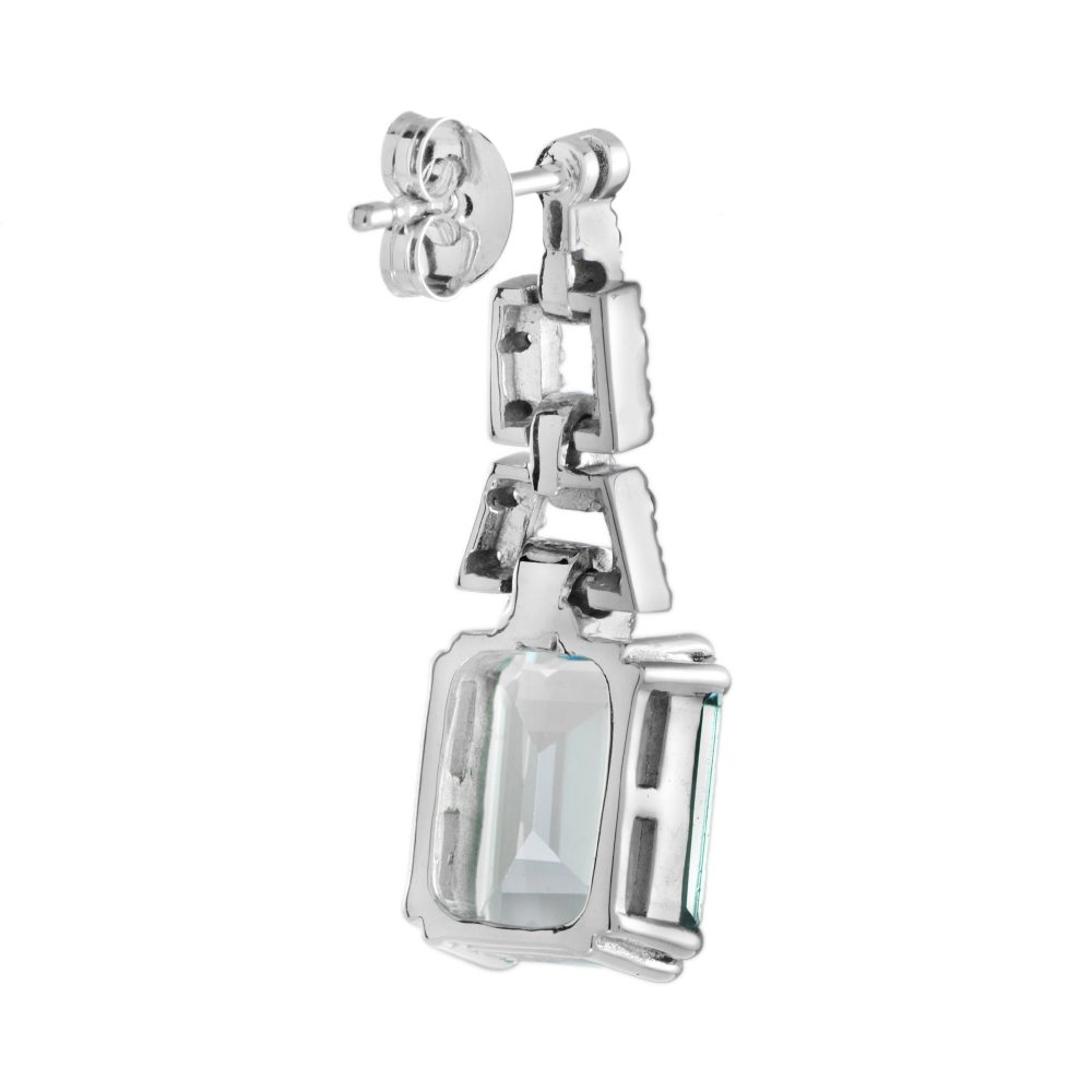 Art Deco Style Emerald Cut Blue Topaz and Diamond Drop Earrings
