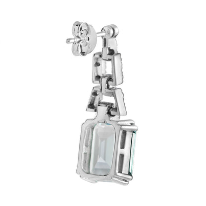 Art Deco Style Emerald Cut Blue Topaz and Diamond Drop Earrings