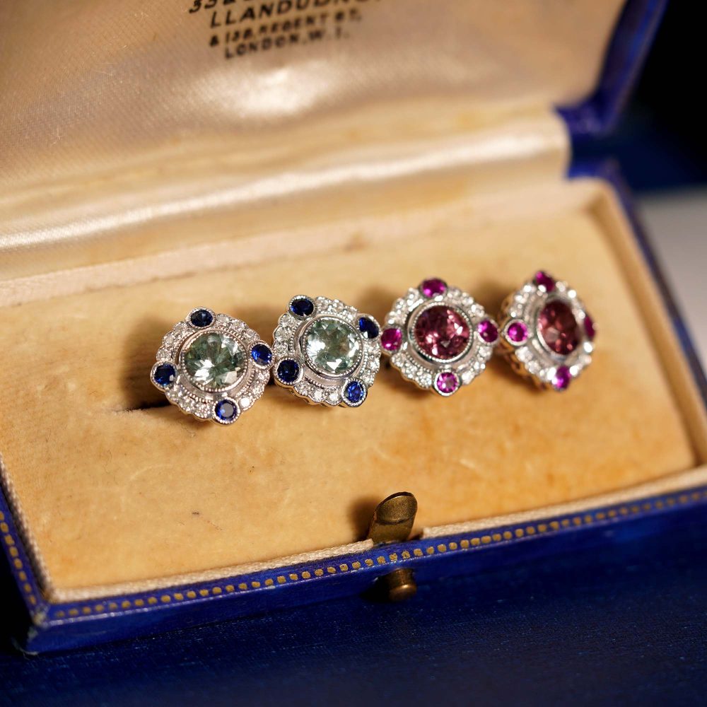 Pink Tourmaline with Ruby and Diamond Cluster Stud Earrings