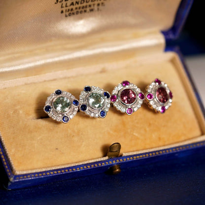 Pink Tourmaline with Ruby and Diamond Cluster Stud Earrings