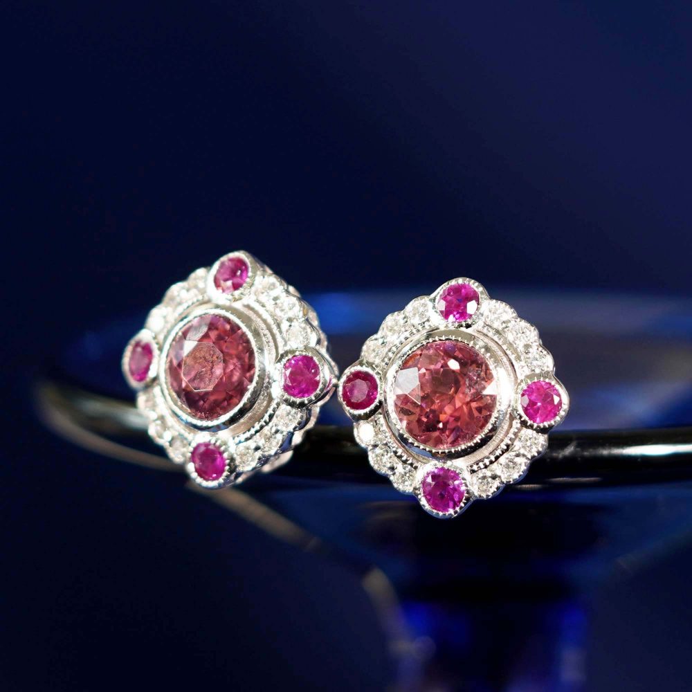 Pink Tourmaline with Ruby and Diamond Cluster Stud Earrings