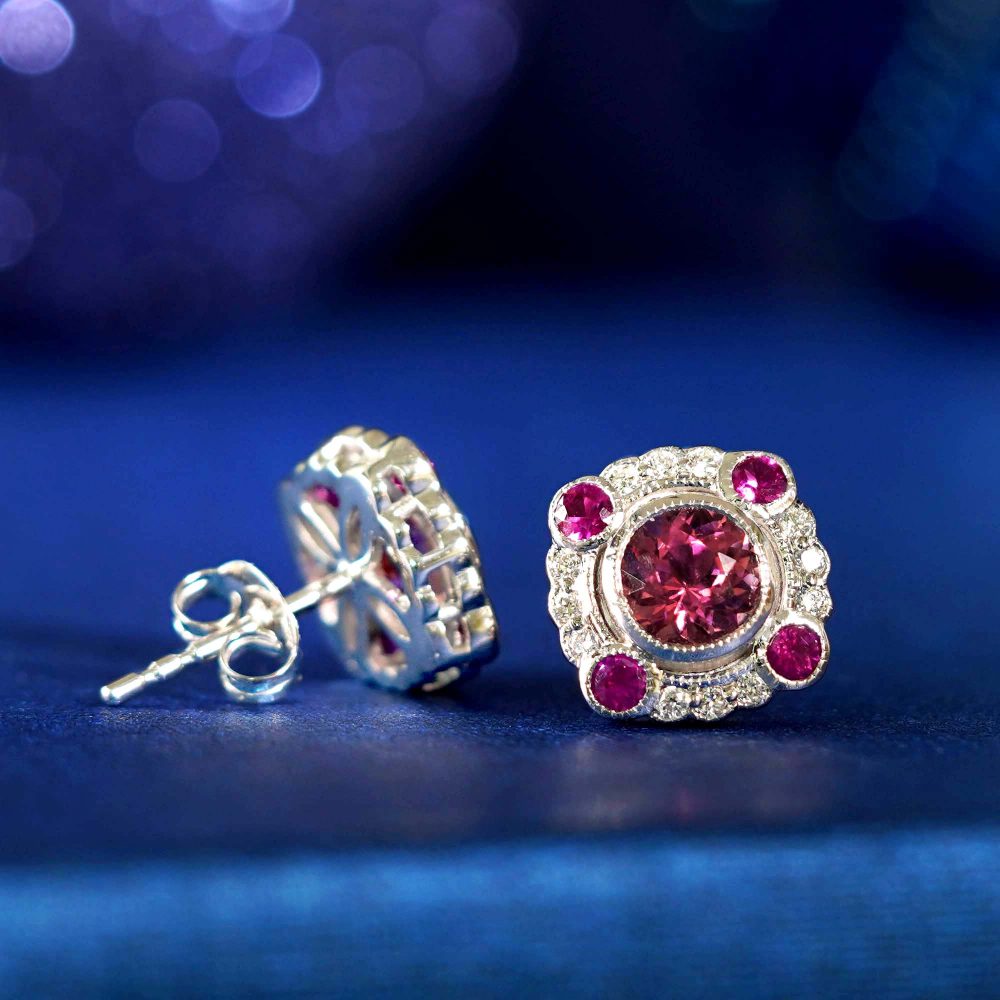 Pink Tourmaline with Ruby and Diamond Cluster Stud Earrings