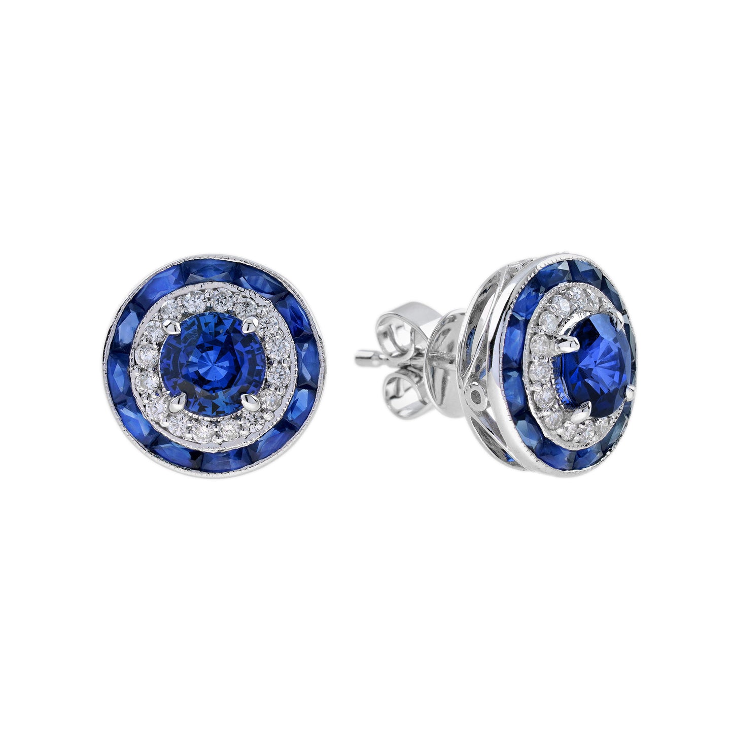 Ceylon Sapphire and Diamond Double Halo Stud Earrings
