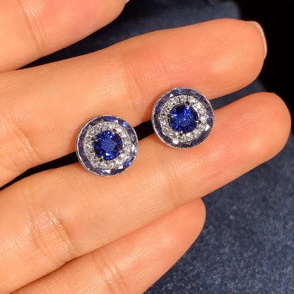 Ceylon Sapphire and Diamond Double Halo Stud Earrings