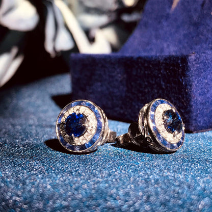 Ceylon Sapphire and Diamond Double Halo Stud Earrings