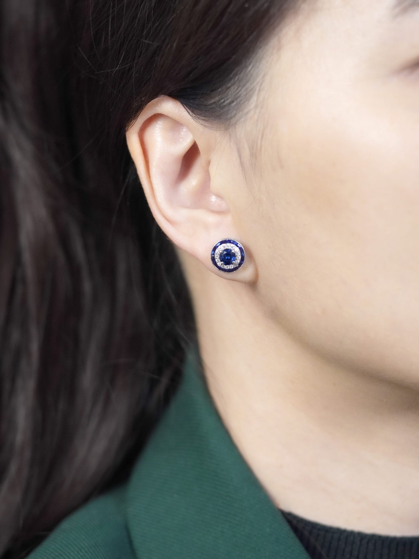 Ceylon Sapphire and Diamond Double Halo Stud Earrings