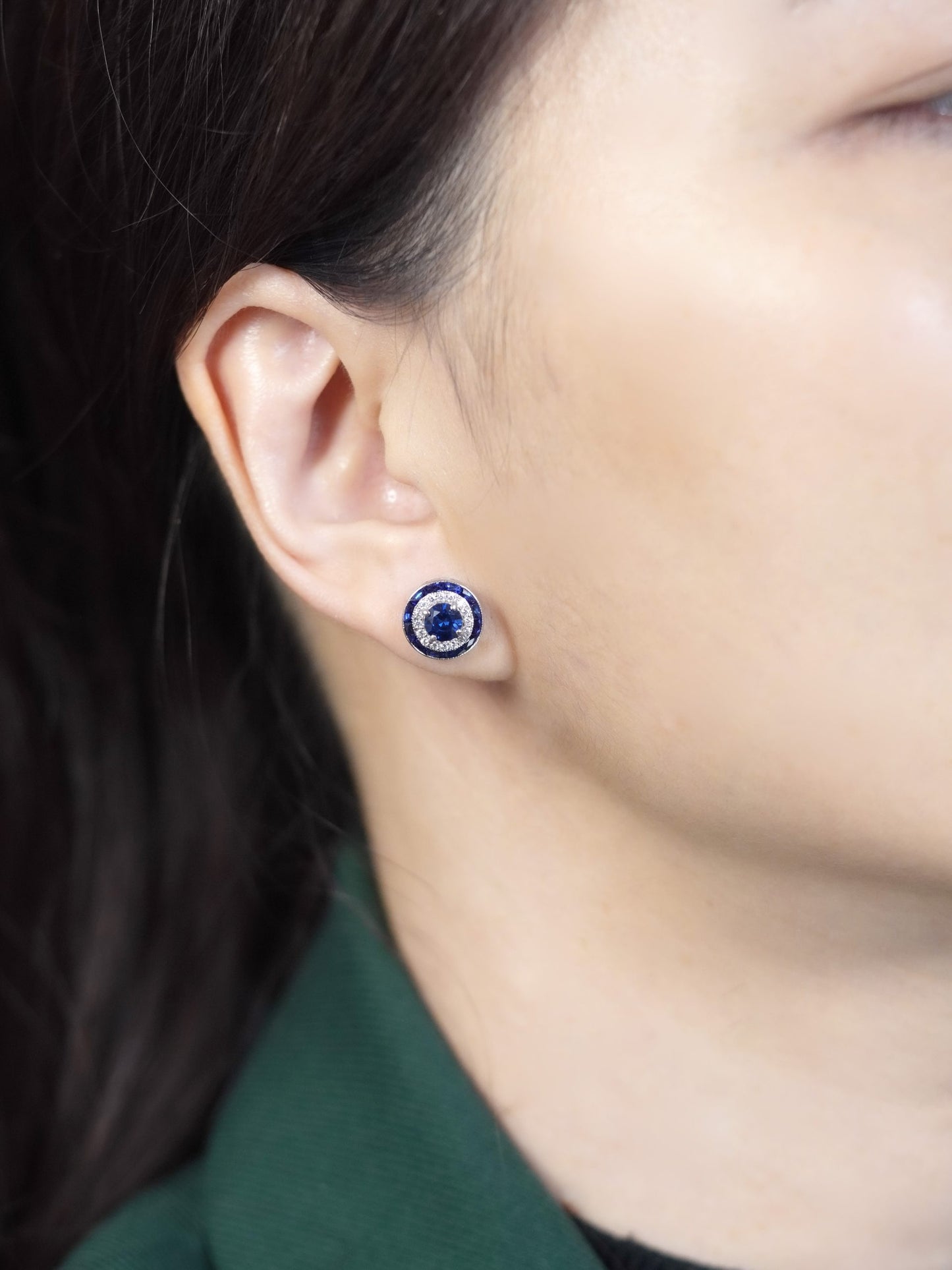 Ceylon Sapphire and Diamond Double Halo Stud Earrings