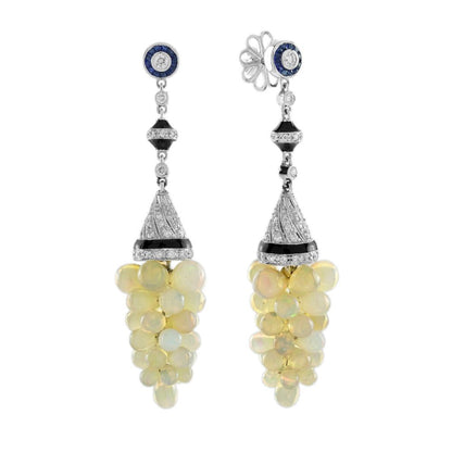 Opal Grape Drop Earrings with Diamond and Sapphire and Black Enamel