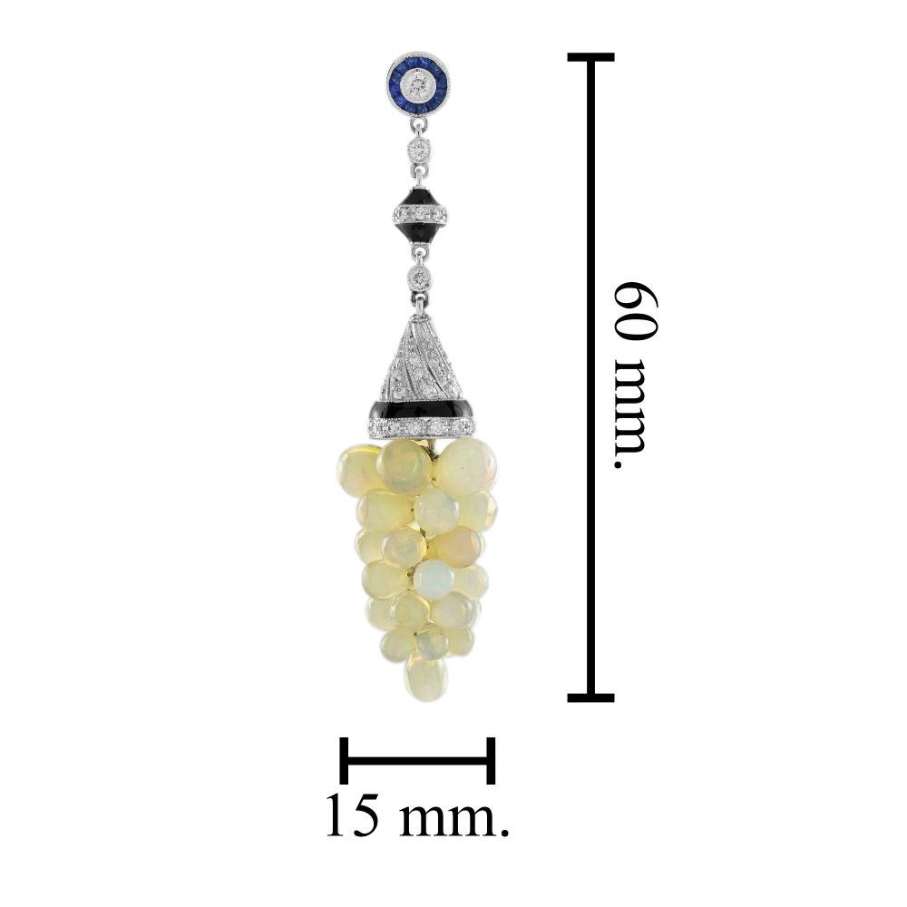 Opal Grape Drop Earrings with Diamond and Sapphire and Black Enamel