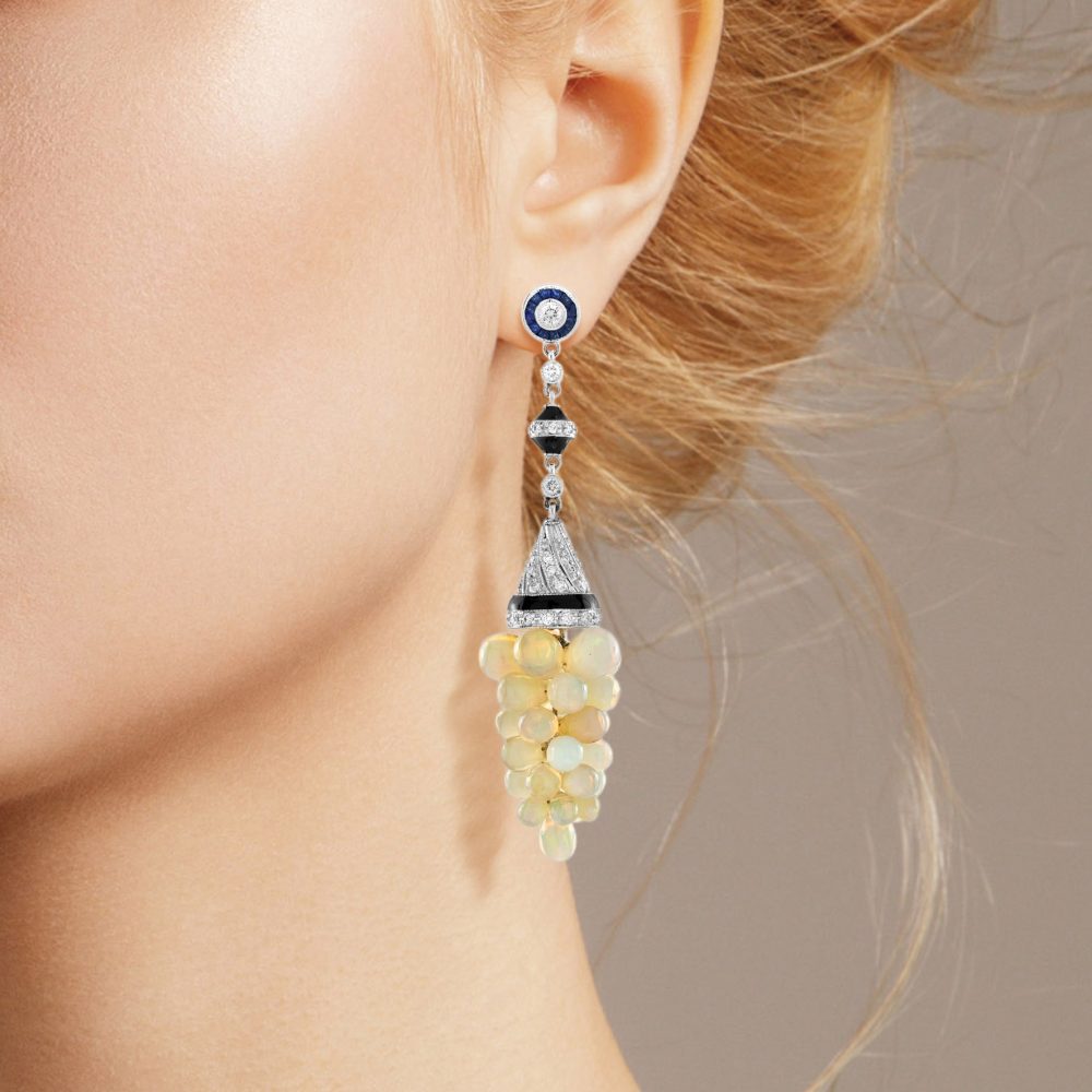 Opal Grape Drop Earrings with Diamond and Sapphire and Black Enamel