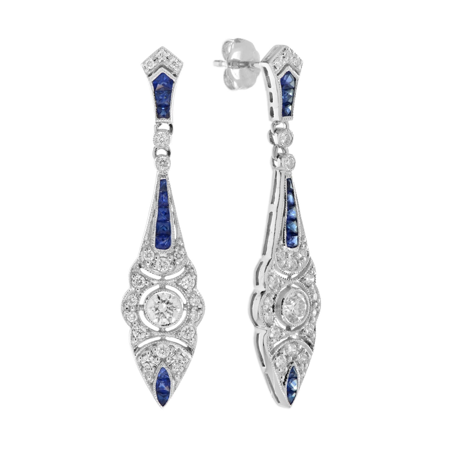 Modern Pair of Sapphire and Diamond Drop Earrings in 14ct White Gold
