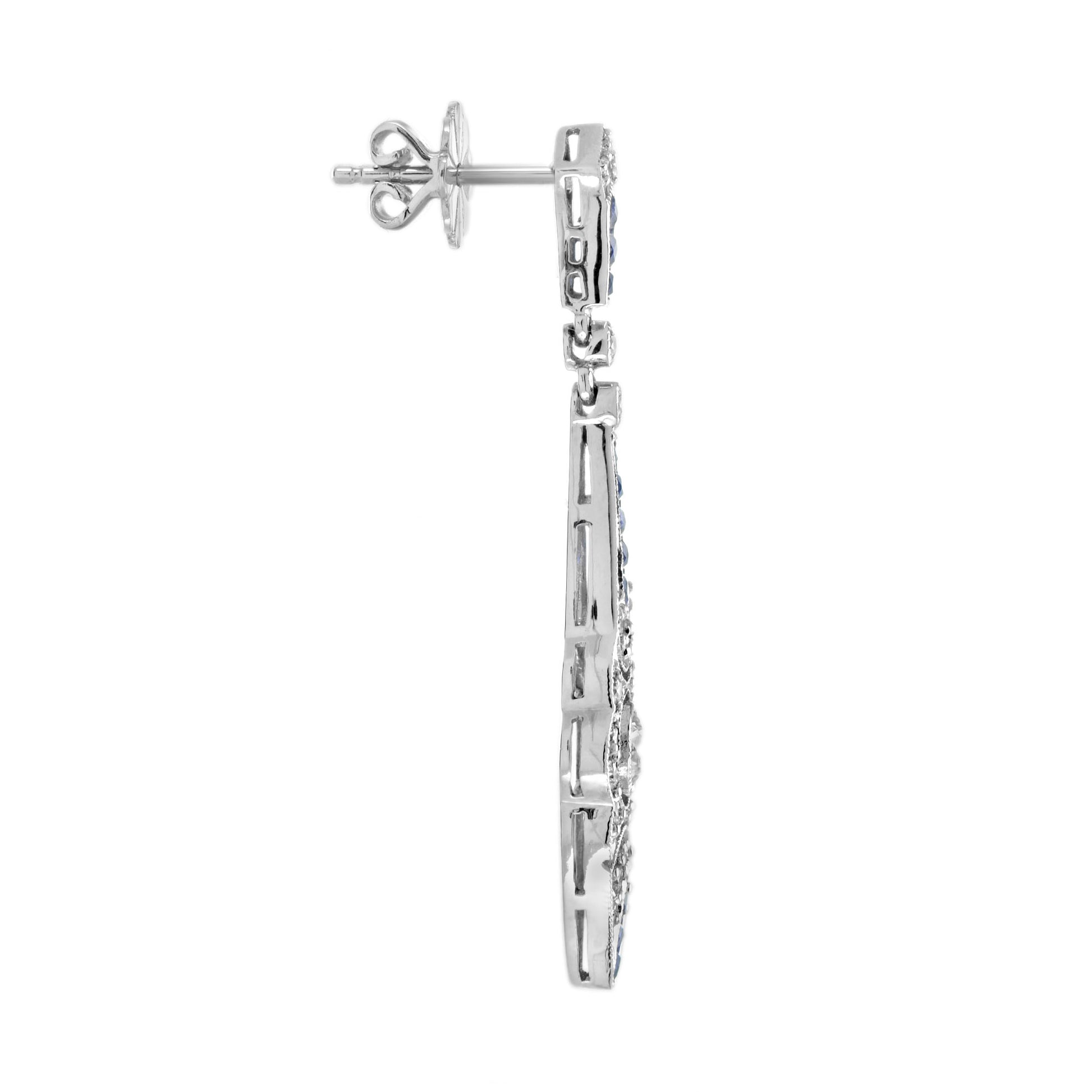 Modern Pair of Sapphire and Diamond Drop Earrings in 14ct White Gold