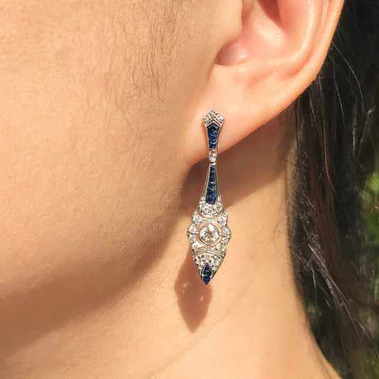 Modern Pair of Sapphire and Diamond Drop Earrings in 14ct White Gold