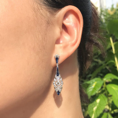 Modern Pair of Sapphire and Diamond Drop Earrings in 14ct White Gold