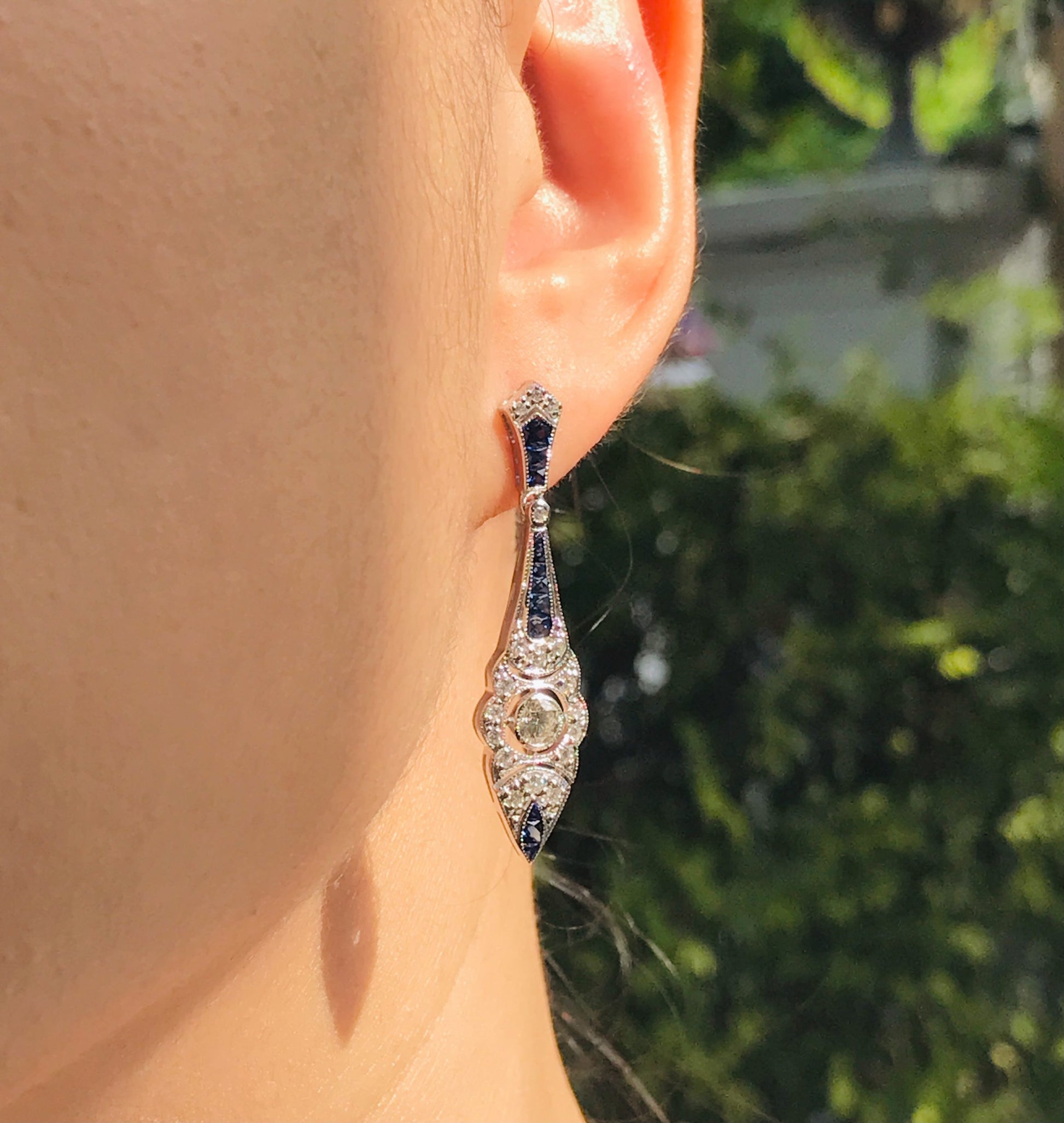 Modern Pair of Sapphire and Diamond Drop Earrings in 14ct White Gold