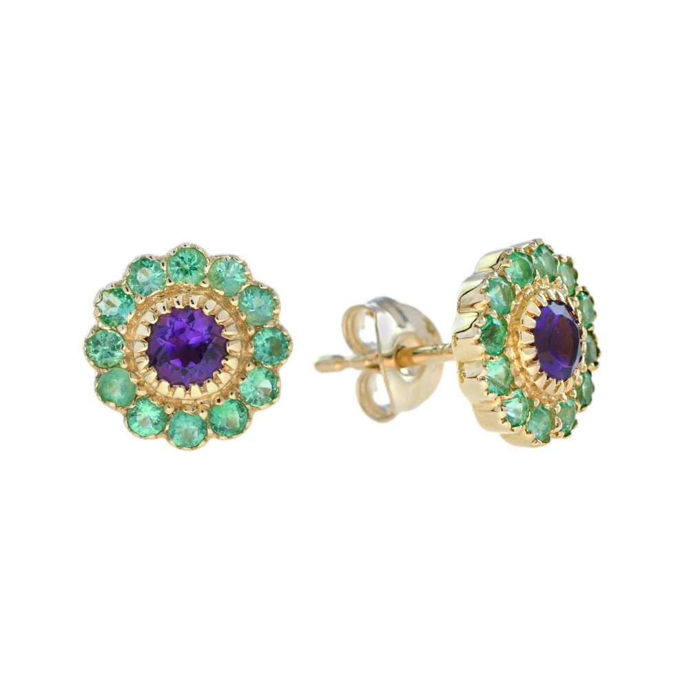 Amethyst and Emerald Flower Cluster Stud Earrings
