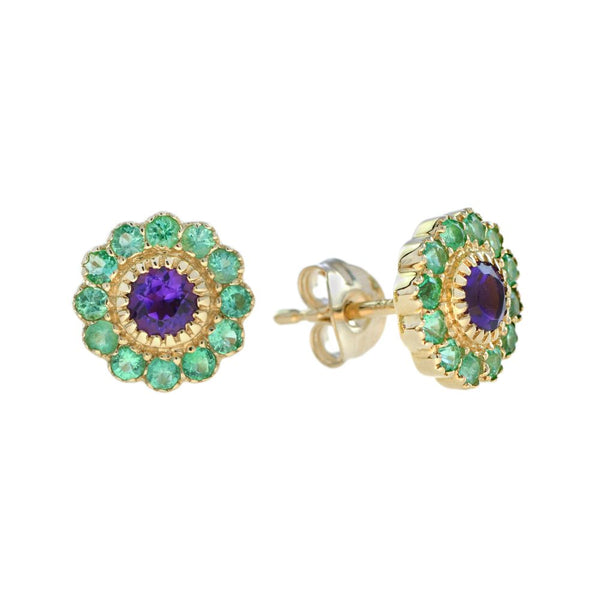 Amethyst and Emerald Flower Cluster Stud Earrings