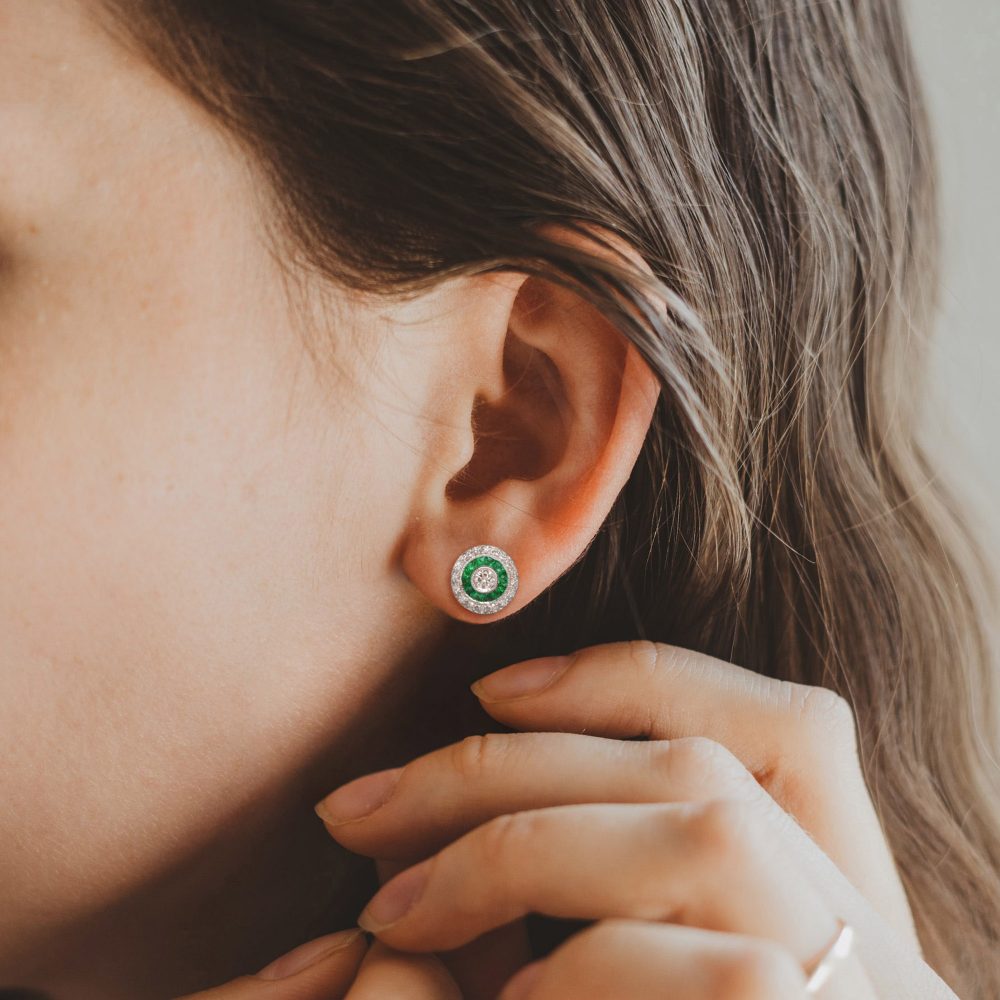 Diamond and Emerald Cluster Target Stud Earrings in 18ct White Gold