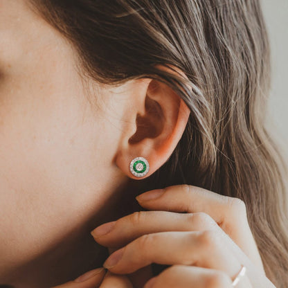Diamond and Emerald Cluster Target Stud Earrings in 18ct White Gold