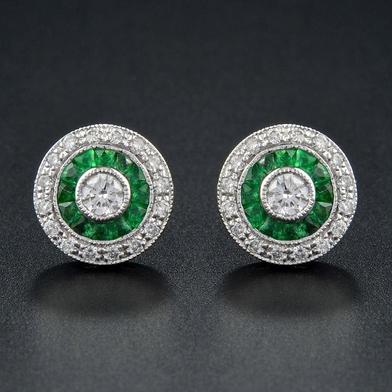 Diamond and Emerald Cluster Target Stud Earrings in 18ct White Gold