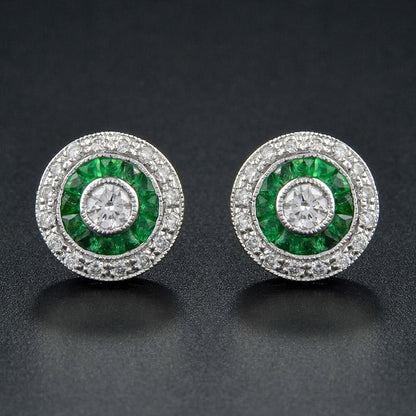 Diamond and Emerald Cluster Target Stud Earrings in 18ct White Gold