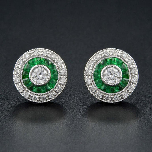 Diamond and Emerald Cluster Target Stud Earrings in 18ct White Gold