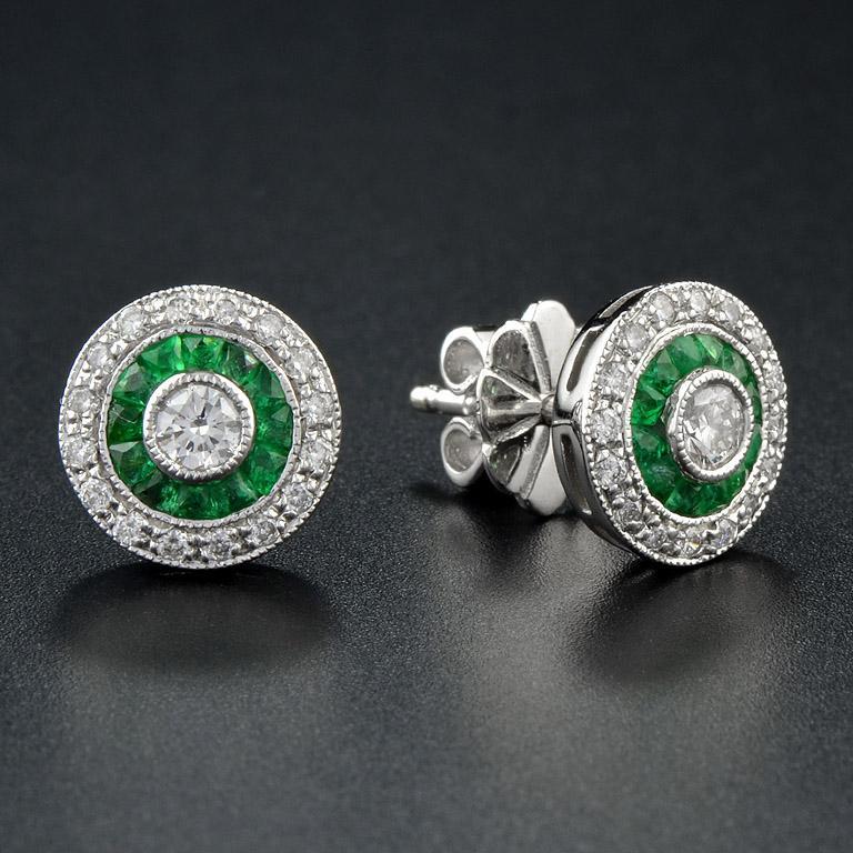 Diamond and Emerald Cluster Target Stud Earrings in 18ct White Gold