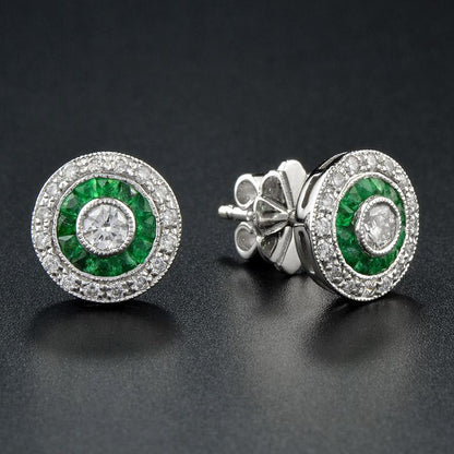 Diamond and Emerald Cluster Target Stud Earrings in 18ct White Gold