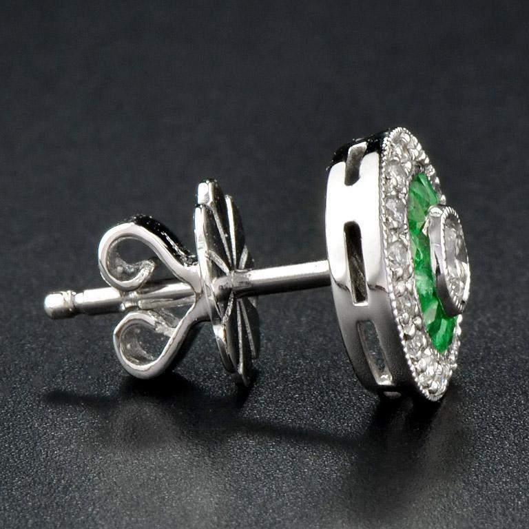 Diamond and Emerald Cluster Target Stud Earrings in 18ct White Gold