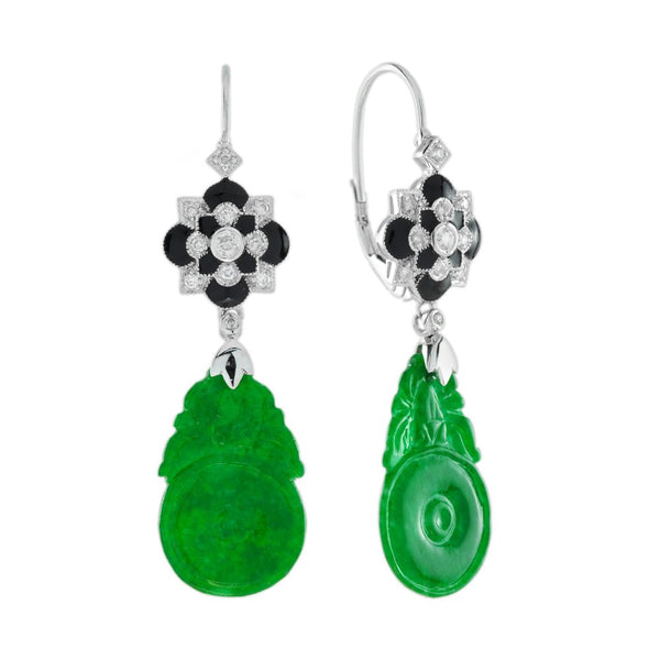 Carved Jadeite Jade Drop Earrings with Diamond and Black Enamel Cluster Tops