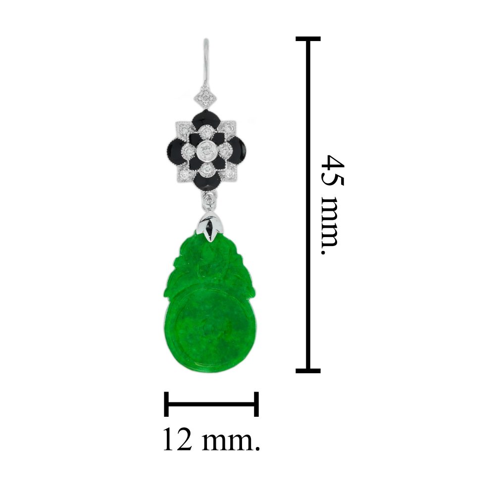 Carved Jadeite Jade Drop Earrings with Diamond and Black Enamel Cluster Tops