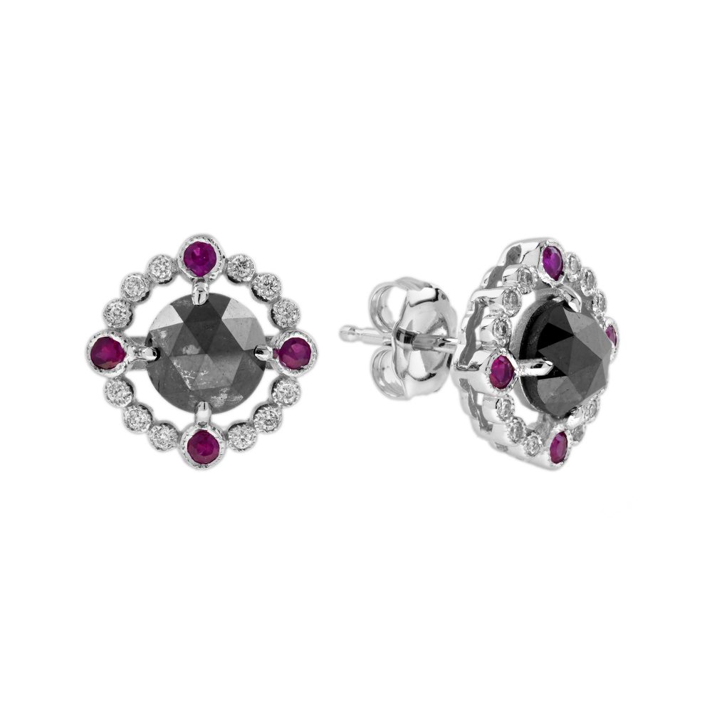2ct Black Diamond White Diamond and Ruby Halo Cluster Stud Earrings