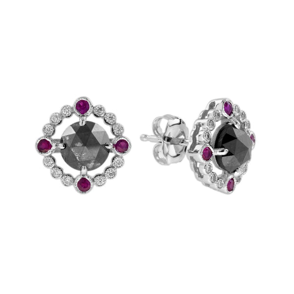 2ct Black Diamond White Diamond and Ruby Halo Cluster Stud Earrings