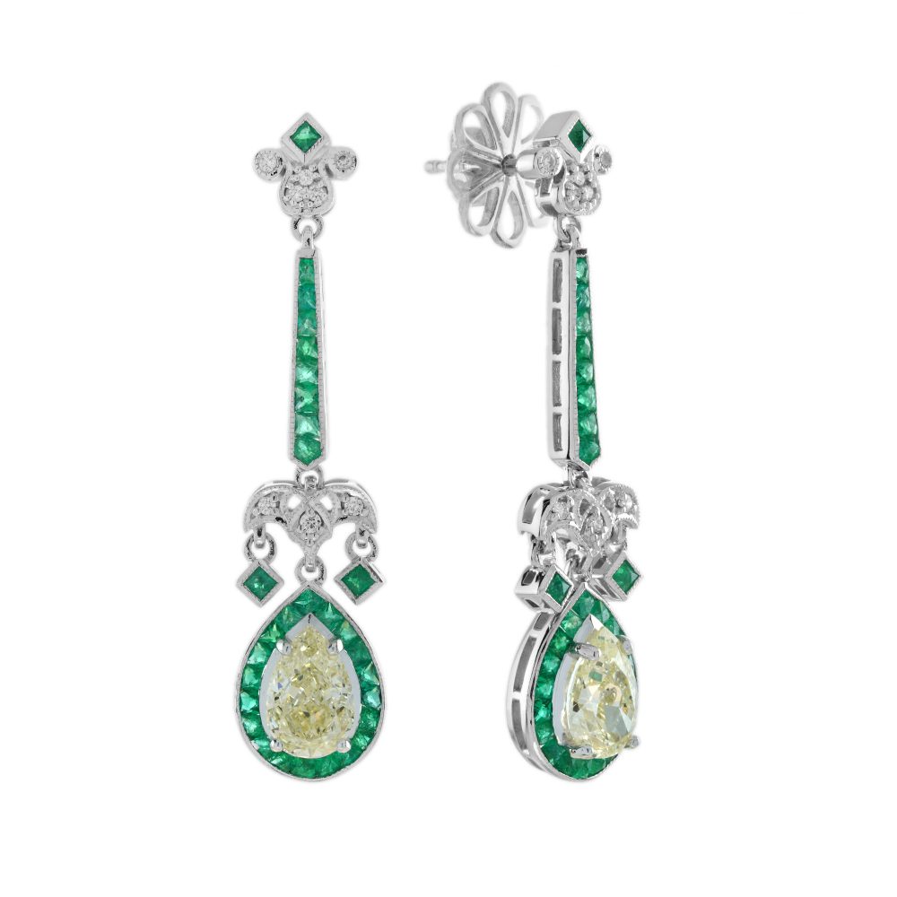2.25ct Pear Cut Yellow Diamond and Emerald Cluster Drop Earrings with GIA certificates